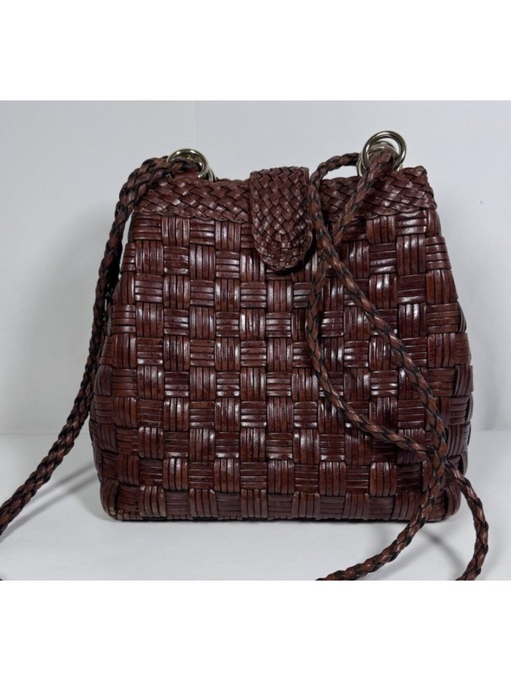 Woven Leather Crossbody Bag Brown Basket Weave Braided Strap Vintage Boho